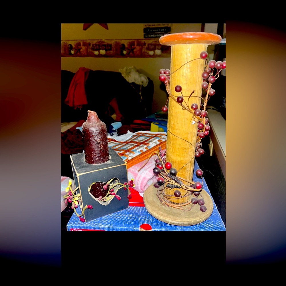 Primitive Decor. Candles, small primitive stool, glass jug (not real)